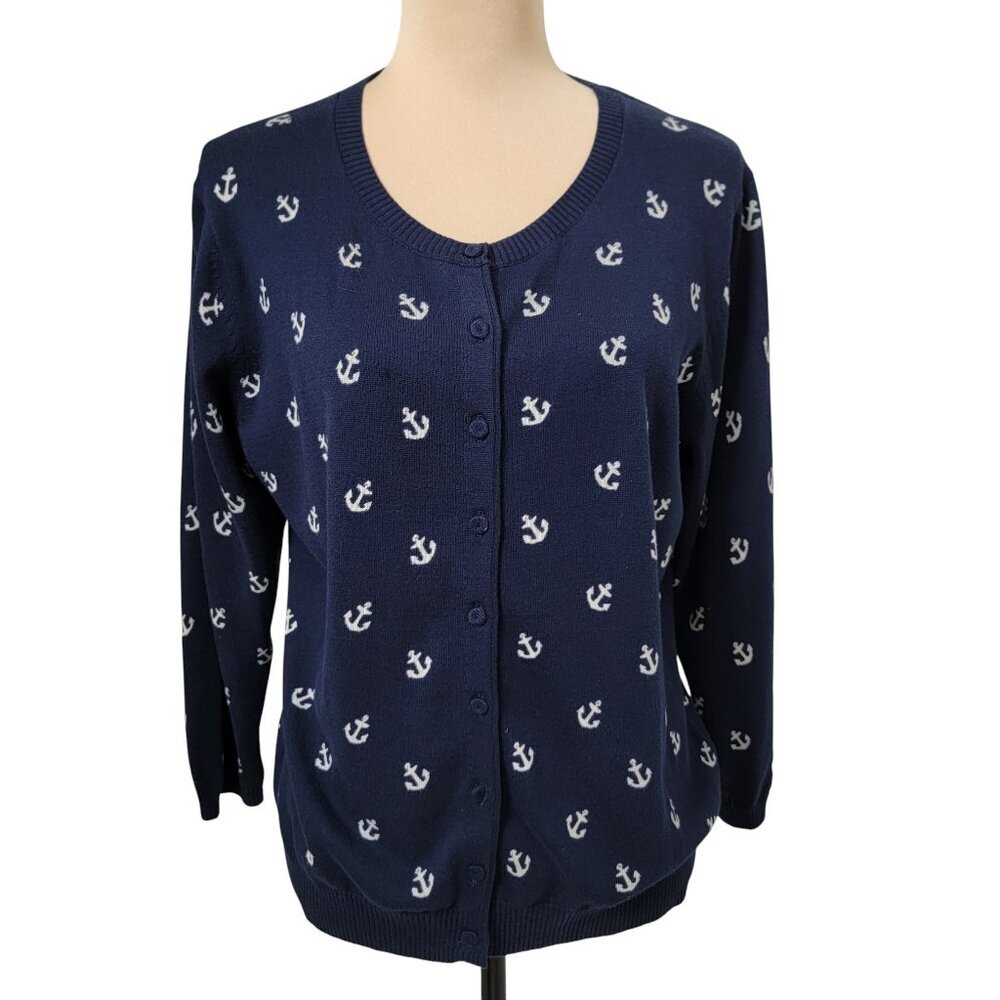 Bass Size L Navy Blue w/White Nautical Anchor 3/4 Sleeve Short Cardigan Sweater
